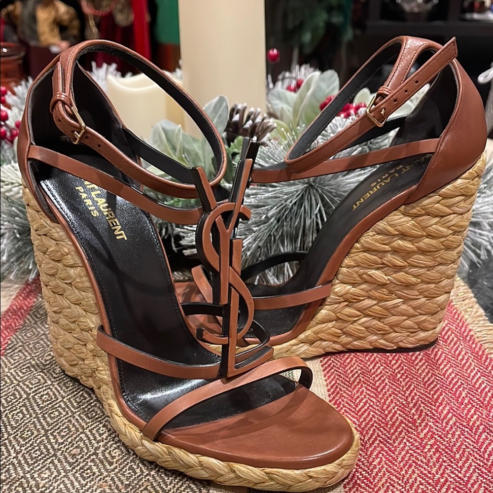 Saint Laurent Tan Leather Wedge Sandals